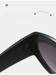 Detailed macro view of durable hinge and UV400 marking on black cat-eye sunglasses