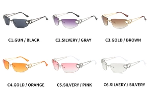Détail de lunettes de soleil sans monture avec branches en cœur en six couleurs variées