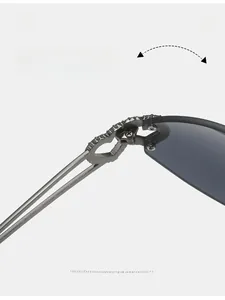 Macro detail of a durable silver metal hinge on heart-shaped rimless sunglasses
