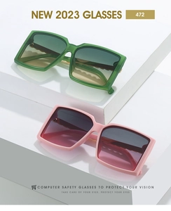 Detail quadratischer Oversize-Sonnenbrille mit Wellenbügeln auf Stufen