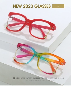 Detail of red and rainbow gradient frames on display for stylish computer safety eyewear