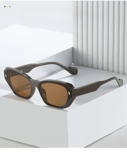 Detailed close-up of dark brown chunky frame sunglasses with elegant gold studs and tinted lenses
