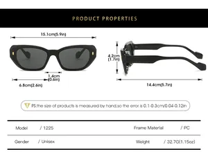 Detailed size chart for rectangular sunglasses showing frame width and temple length