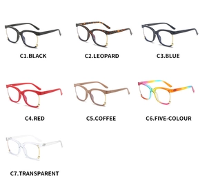 Collection of oversized square eyeglass frames in seven colors with metal trim details