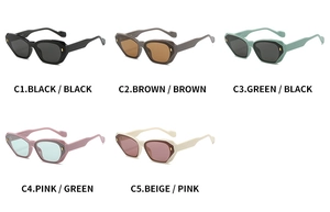 Multiple stylish square sunglasses shown in black, brown, green, pink, and beige frames