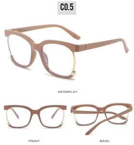 Detailed view of brown and gold semi-rimless eyeglass frames from front and side angles