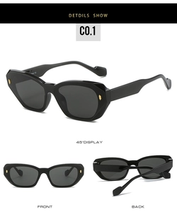 Three-way view of black square sunglasses with gold rivet details on polished frames