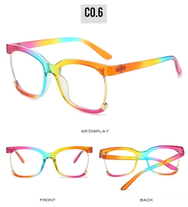 Detailed multi-angle view of rainbow gradient half-rim eyeglasses with gold metal frame