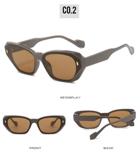 Three-way view of square sunglasses with gold metal rivets and dark grey frames