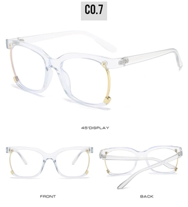 Detailed views of transparent oversized eyeglasses frame with gold metal accents