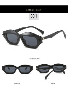 Multi-view of geometric black sunglasses with dark gray lenses and silver metal hinges