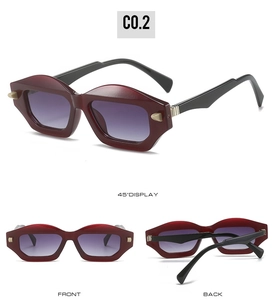 Three-angle view of wine red geometric sunglasses with purple gradient lenses and silver hinges