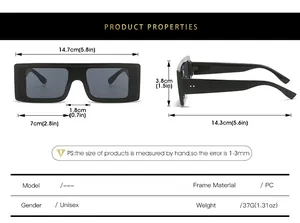 Detailed size chart for rectangular PC sunglasses showing frame dimensions and arm length