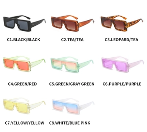 Selection of eight colorful oversized flat top rectangular sunglasses in various retro styles