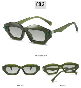 Three angles of geometric dark green sunglasses with translucent frames and grey lenses