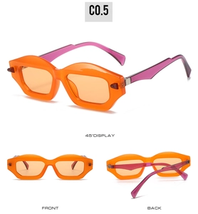 Three views of stylish orange lip-shaped sunglasses with purple temples and metal hinges