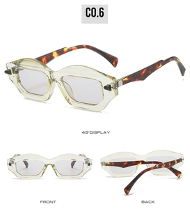 Three-way view of multi-sided transparent yellow frames with tortoiseshell temples