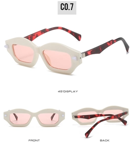 Cat eye sunglasses detail in cream frame with red tortoiseshell temples from three views
