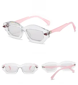 Detailed views of geometric transparent sunglasses with pink temples from multiple angles