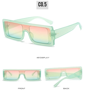 Three-angle views of oversized rectangular sunglasses with green frames and gradient lenses