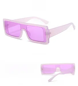 Three-view display of purple oversized rectangle sunglasses with translucent frames