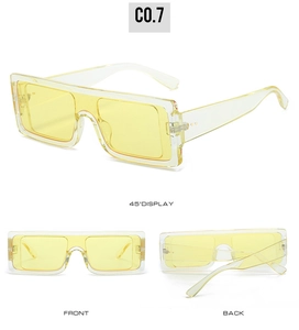 Three perspectives of oversized transparent yellow frame sunglasses with a modern retro design