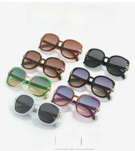 Flat lay of oval sunglasses in various colors like amber, tortoiseshell, and classic black