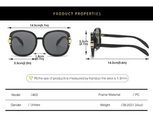 Detailed size chart showing oval sunglasses measurements in centimeters and inches