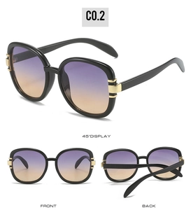 Three-angle view of oval sunglasses with black frame and purple-orange gradient lenses