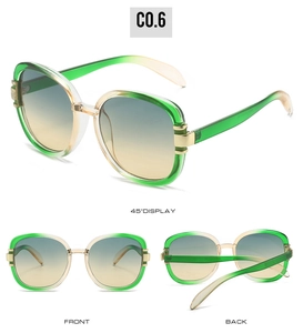 Detailed views of oval sunglasses with gradient green frames and tinted lenses