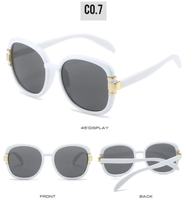 Detailed views of white oval sunglasses with dark lenses and gold metal hinge accents
