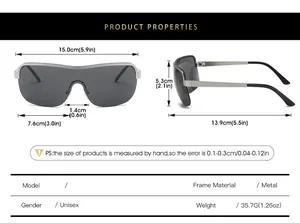 Detailed size guide and technical specs for metal semi-rimless wraparound sunglasses