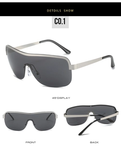 Three-view display of semi-rimless silver metal sunglasses with dark gray lenses