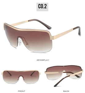 Detailed views of gold-tone semi-rimless sunglasses with brown gradient one-piece lenses