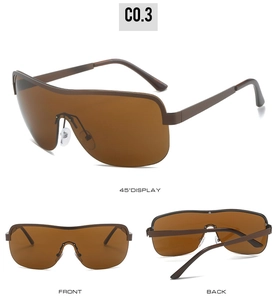 Three views of dark brown semi-rimless oversized shield sunglasses with integrated lens