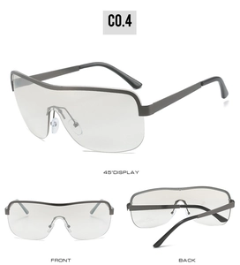 Detailed views of semi-rimless oversized shield sunglasses with grey metal frame