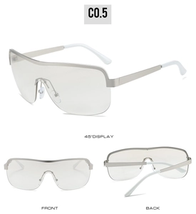 Three views of silver semi-rimless sunglasses with light gray lenses and white temple tips