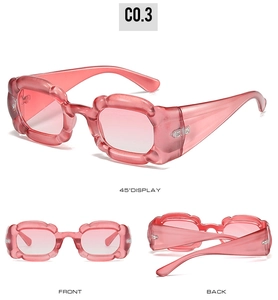 Vues détaillées des lunettes de soleil Y2K roses avec monture ondulée et verres teintés