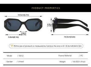Detailed size chart for rivet square sunglasses with precise frame measurements