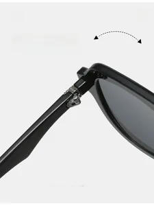 Détail de la charnière métallique renforcée et de la branche des lunettes de soleil noires