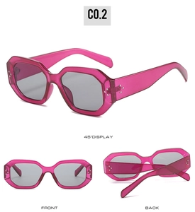 Detailed multi-angle views of rose pink octagonal sunglasses with dark grey lenses