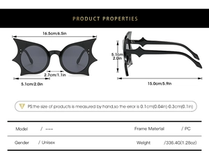 Technical size diagram for bat-wing shaped sunglasses showing dimensions in mm and inches
