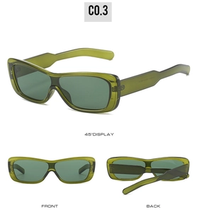 Mise en page trois vues de lunettes de soleil rectangulaires vert avocat, profil et face