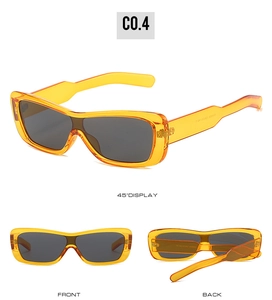 Vues détaillées de lunettes de soleil carrées jaunes avec verres gris sous trois angles