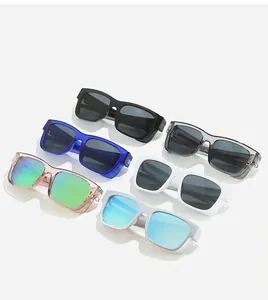Close-up of sports sunglasses in multiple vibrant colors with durable metal hinge details