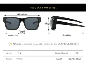 Detailed size chart for sports sunglasses showing frame and lens dimensions in cm and inches