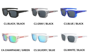 Matrix showing six color variations of sports sunglasses with red striped temples