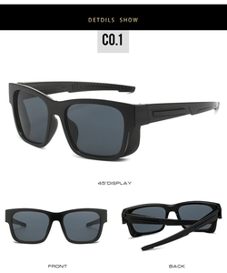 Detail view of sport sunglasses with matte black frames and anti-slip temple patterns