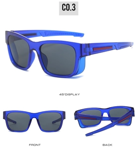 Three-view display of sporty blue semi-transparent sunglasses with red temple details