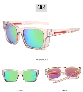 Detailed views of sport sunglasses with transparent frames and blue-green gradient lenses
